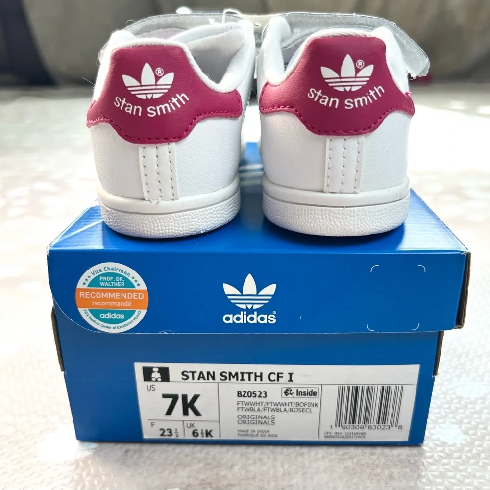 Adidas Stan Smith Kids White and Pink Sneakers Shoes For Girls 7K - Picture 2 of 6